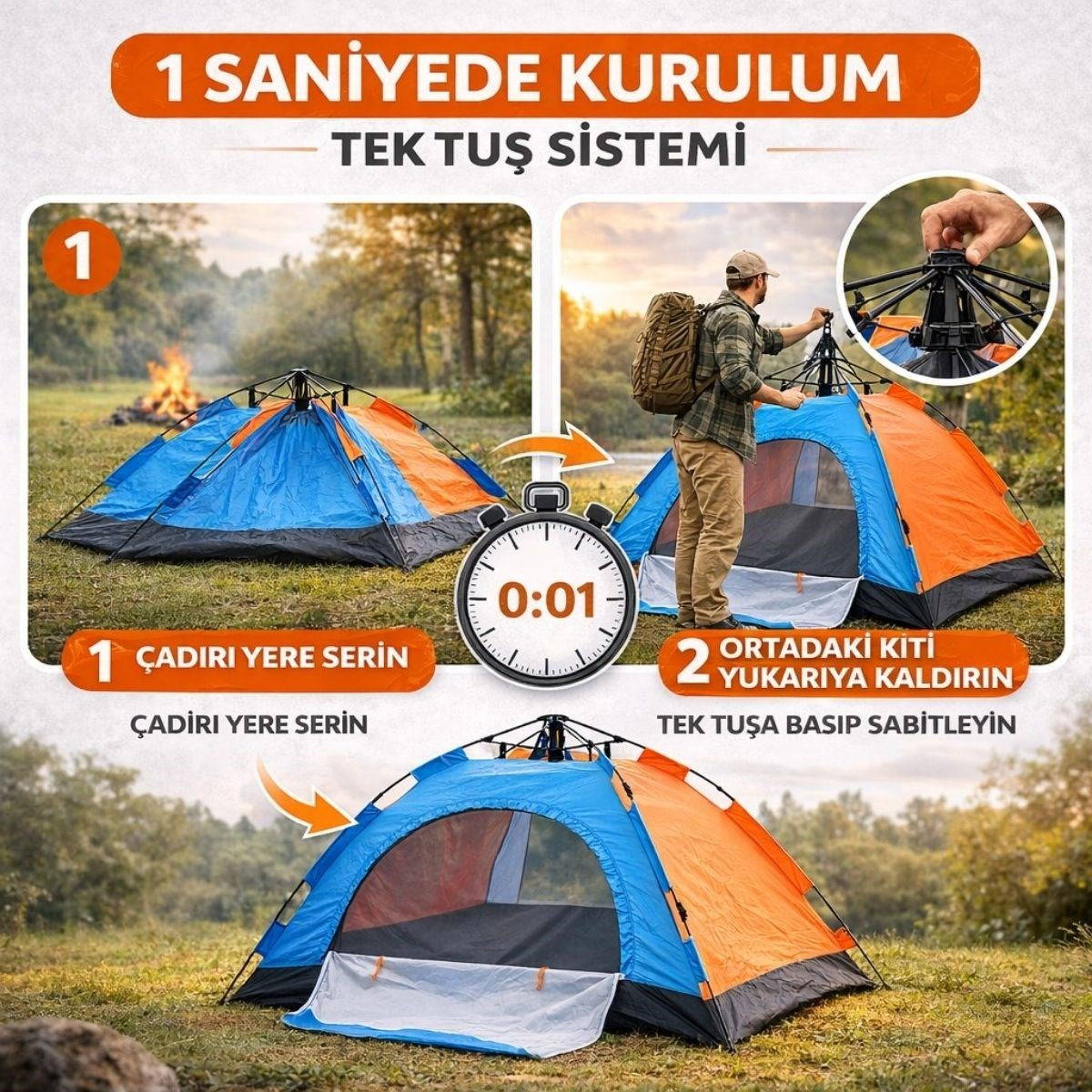 BUFFER® 6 Kişilik Otomatik Kurulum Kamp Çadırı – Outdoor Aile, Doğa, Suya Dayanıklı Hızlı Kurulum Çadır 220x250x160 cm
