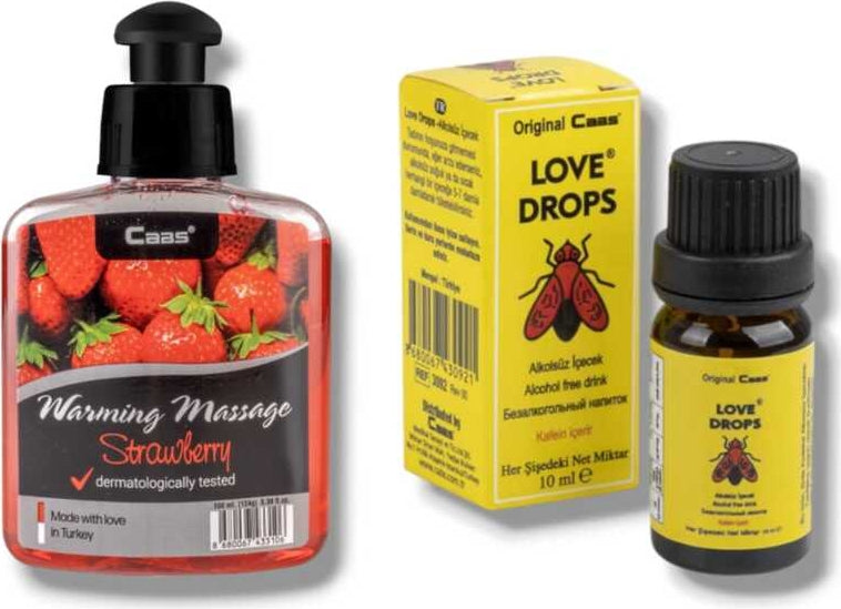 Caas Çilek Aromalı Isıtıcılı Cinsel Masaj Yağı 100 ml + Love Drop Kadınlara Özel Damla