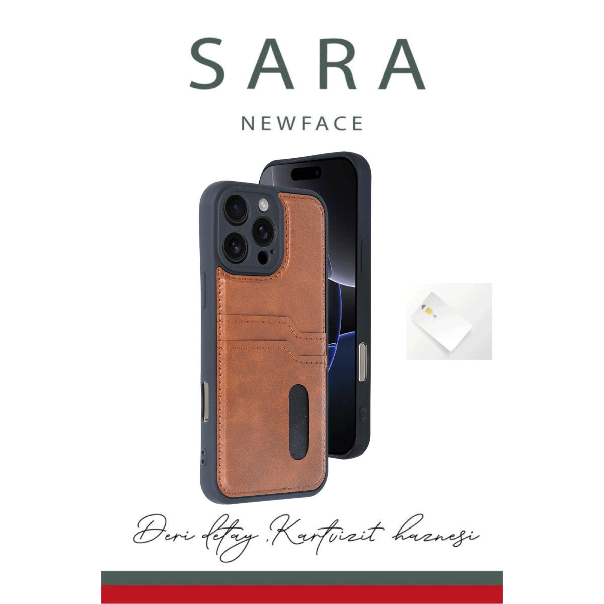 iPhone 16 Pro Max Kılıf Sara Kartvizitli Deri Kılıf - Kırmızı
