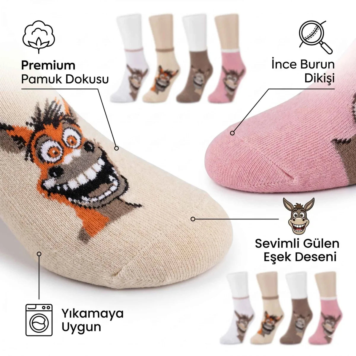 Kadın Gülen Eşek Desenli Çorap 8'li Set - Pamuklu, Eğlenceli ve Yumuşak Soket Çorap 36-40