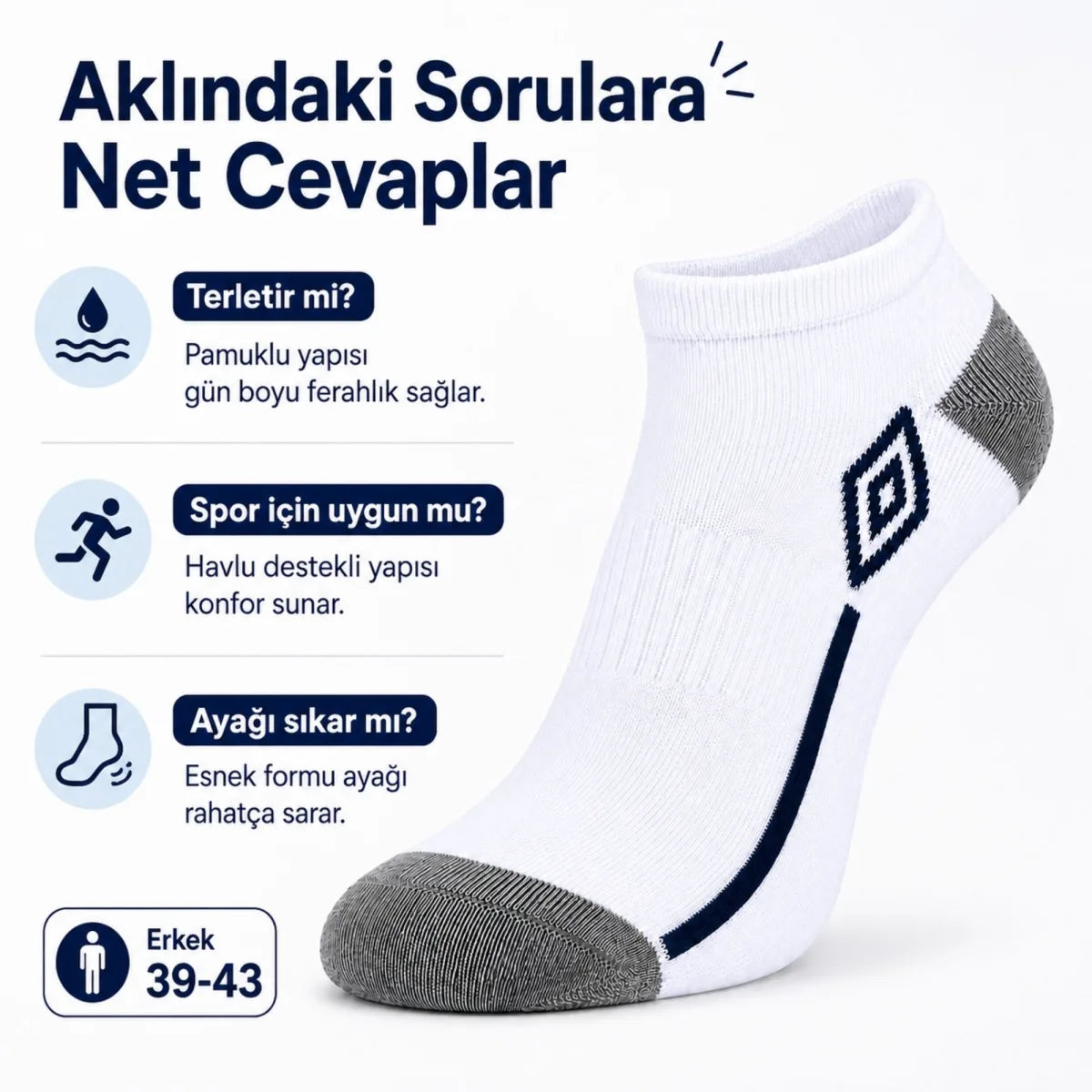 Erkek 6'lı Spor Patik Çorap 39-44 Pamuklu Havlu Destekli Bilek Boy Beyaz Gri
