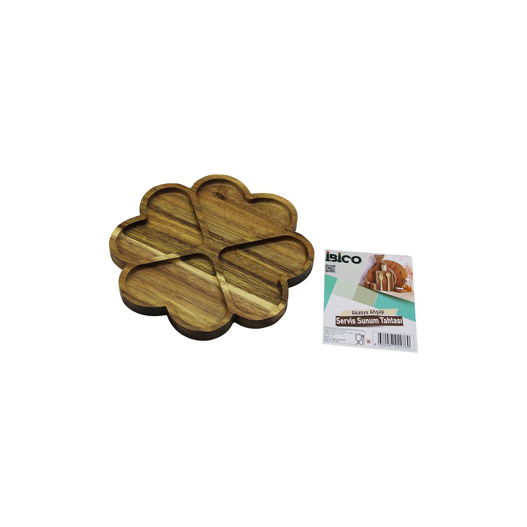 AKASYA YUVARLAK 4 KALP BÖLMELİ AHŞAP SERVİS SUNUM TEPSİ - TAHTASI 21 X 1.4CM (5643)