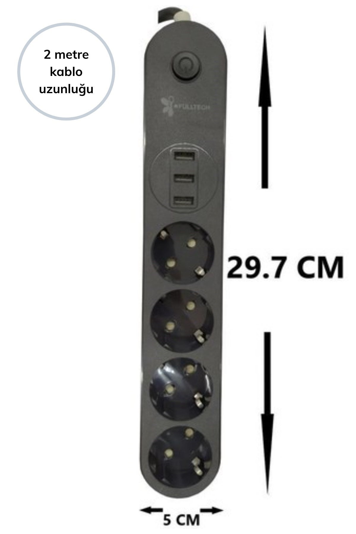BUFFER® 4lü Siyah Anahtarlı 3 USB Li Akım Korumalı Topraklı Çocuk Korumalı Grup Priz 2 Metre