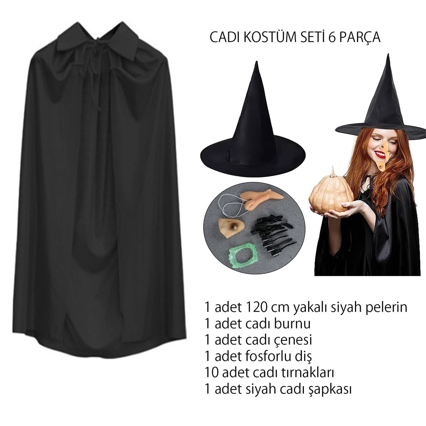 Cadı Kostüm Seti 6 Parça - Şapka Pelerin Diş Tırnaklar Çene ve Burun (5643)