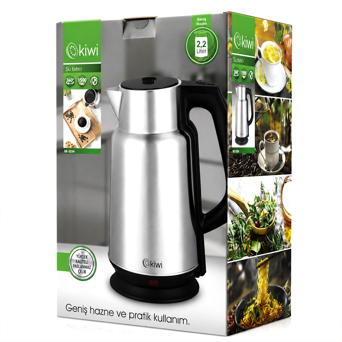 ÇELİK - SÜRAHİ MODEL KETTLE ELEKTRİKLİ SU ISITICISI PASLANMAZ ÇELİK GİZLİ REZİSTANS 360° 2.2LT 1500W KK-3334 (5643)