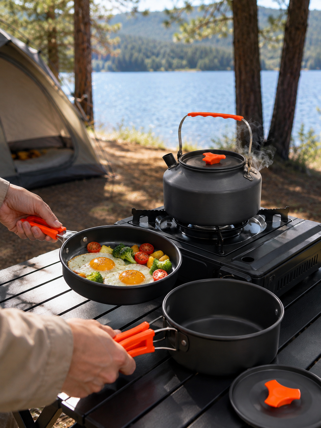 Kompakt Kamp Yemek Seti Alüminyum Tencere Tava Çaydanlık Taşıma Fileli Outdoor Set