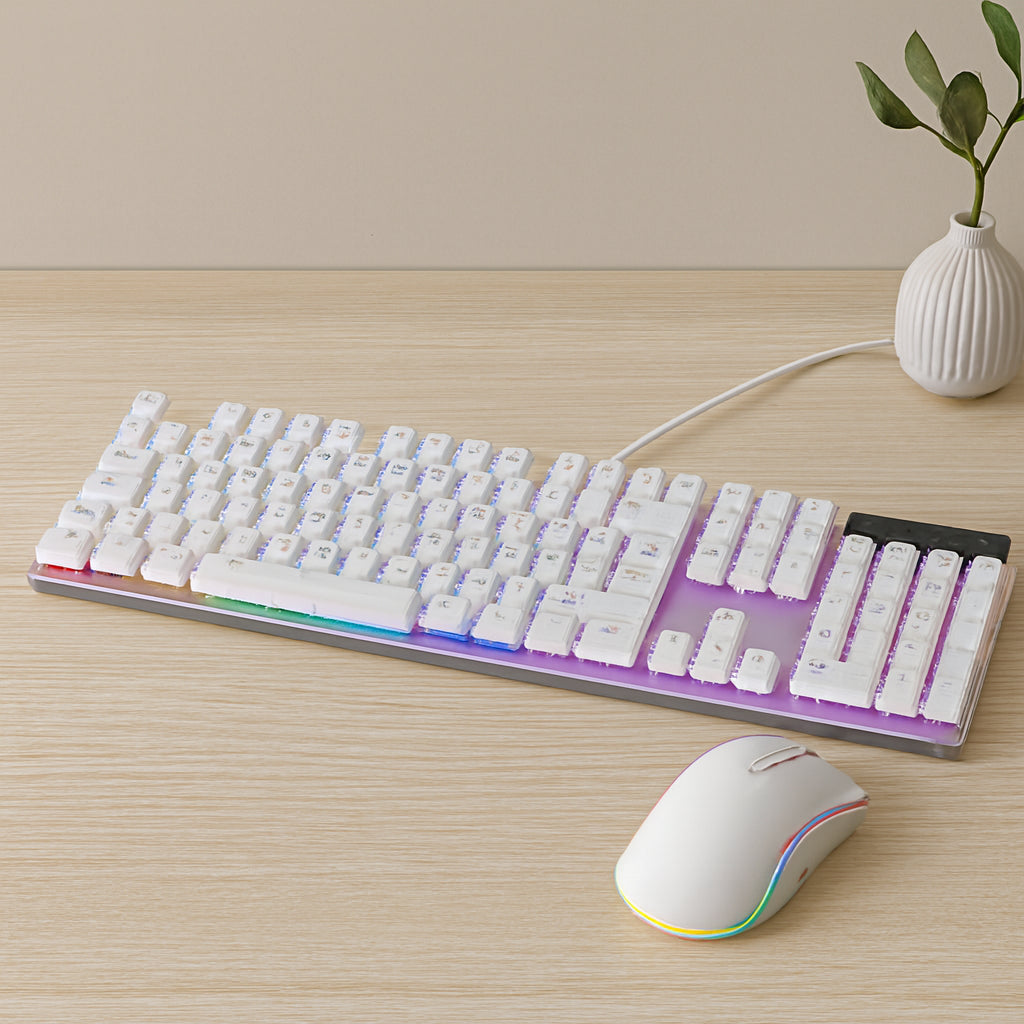 USB Kablolu Oyuncu Klavye ve Mouse Seti - Beyaz RGB