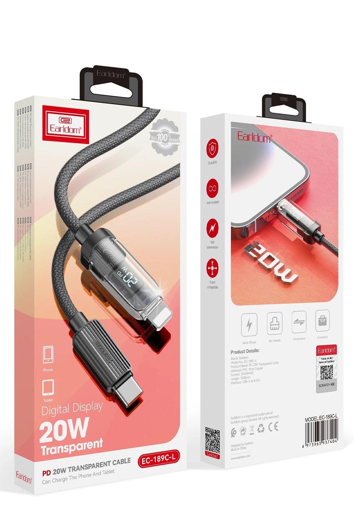 Earldom EC-189CL 1M 20W Dijital Göstergeli Type-C to Lightning PD Hızlı Şarj Kablosu - Siyah