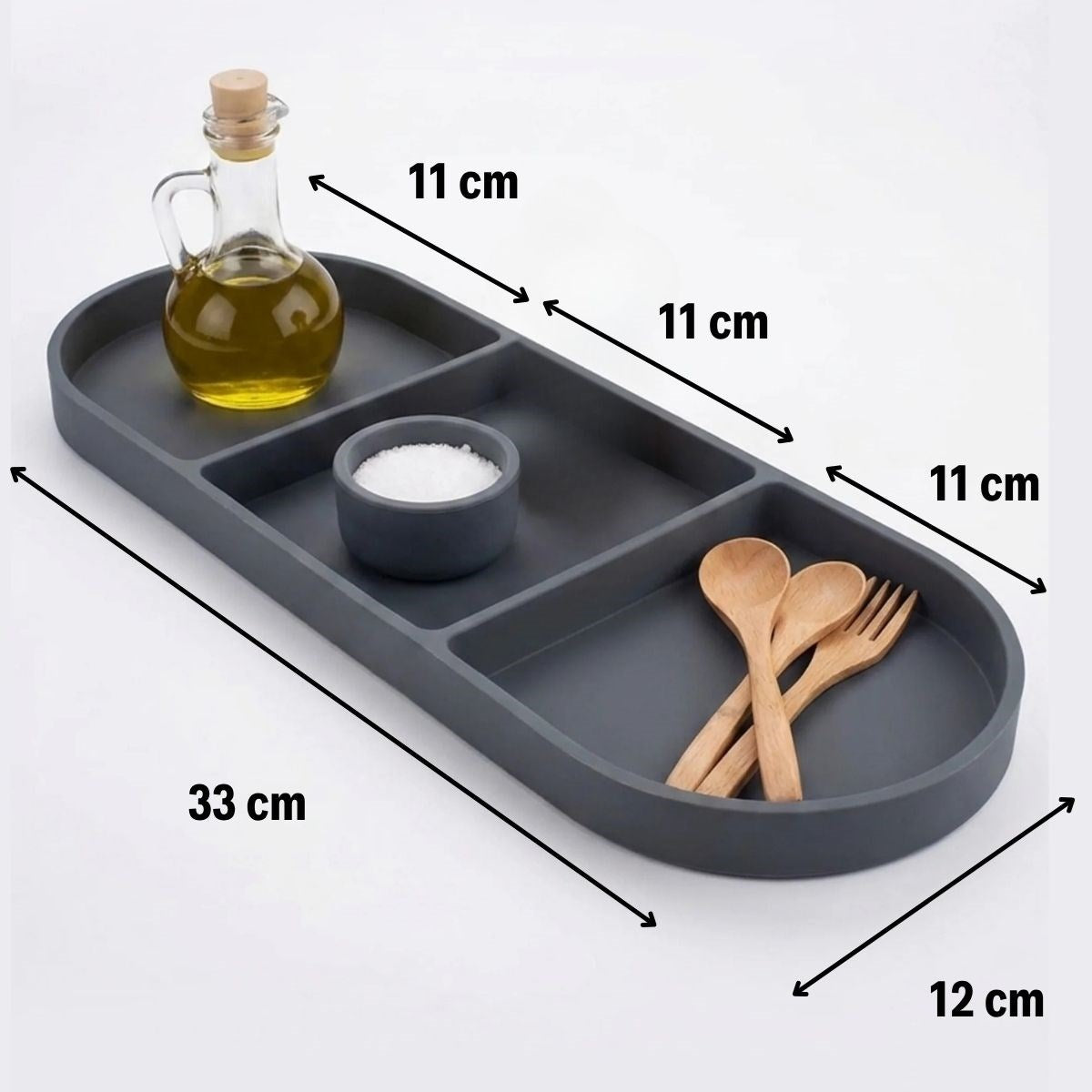 BUFFER® Çok Amaçlı 3 Bölmeli Gri Silikon Altlık – Yağdanlık ve Sunum Organizeri