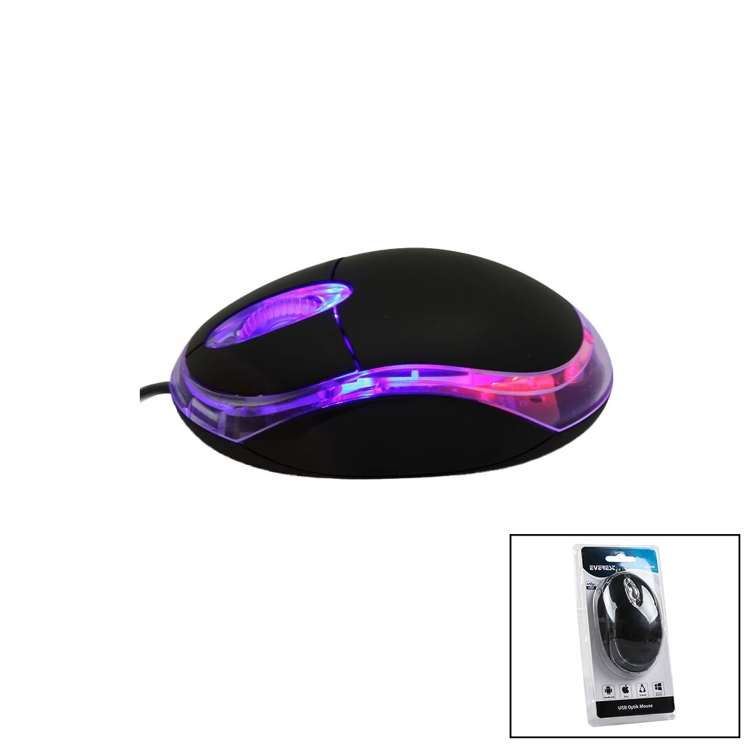 Everest KM-6809 Kablolu Usb - Işıklı Siyah Optik Mouse 1200 Dpı Vakumlu Ambalaj 110CM Kablo