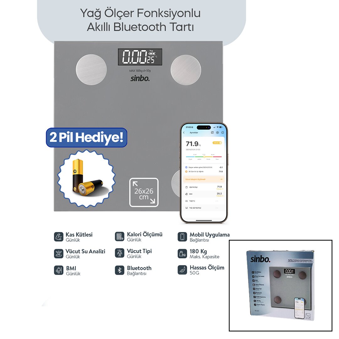 GRİ YAĞ ÖLÇER AKILLI BLUETOOTH CAM BASKÜL PİLLİ 180KG/50GR 26X26CM 8-KİŞİ HAFIZA LCD EKRAN ℃ GÖSTERGE SBS-4473 (5643)