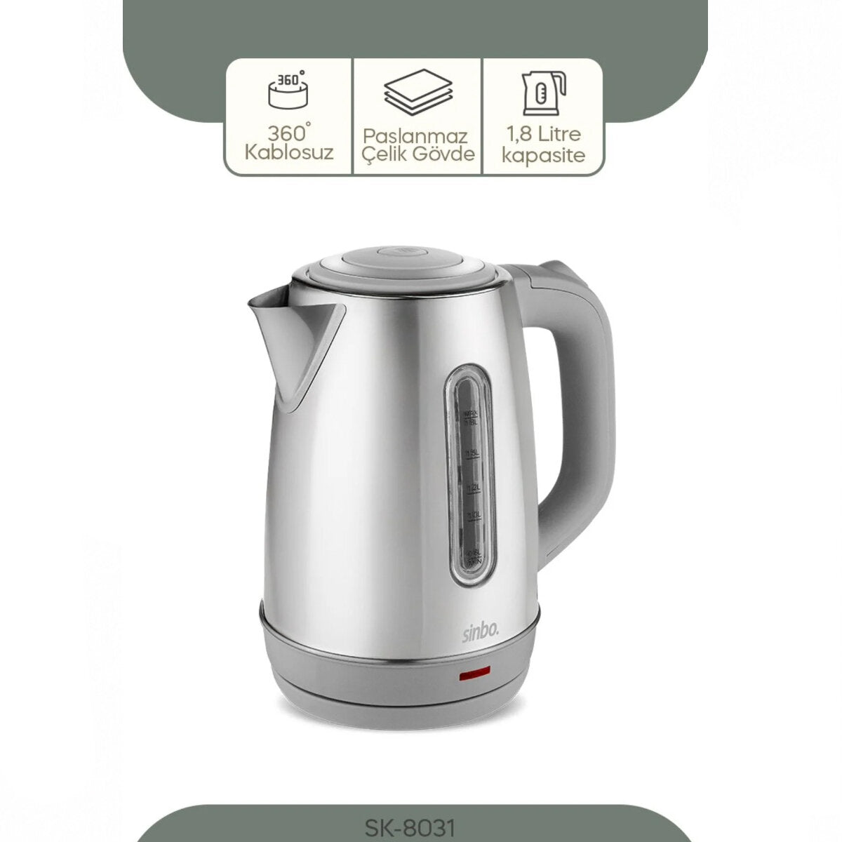 İnoks Çelik Kettle Su Isıtıcısı Kablosuz Kullanım 1.8LT 360° Dönebilme Otomatik Kapanma SK-8031