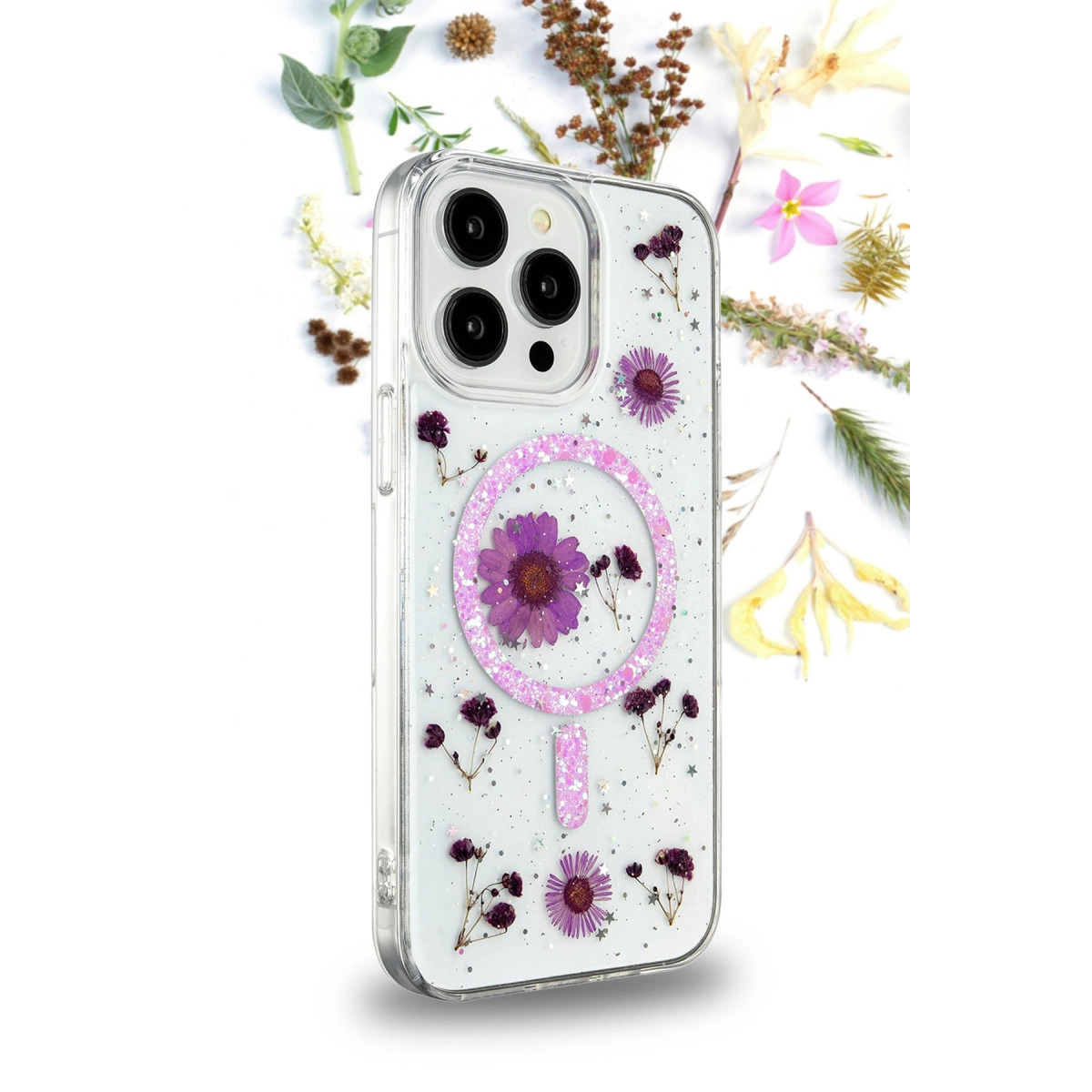 İphone 12 Kılıf Daisy Simli Magsafe Kapak - Pembe
