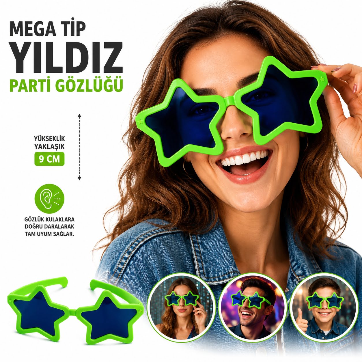 Mega Tip Yıldız Parti Gözlüğü Yeşil Renk (5643)