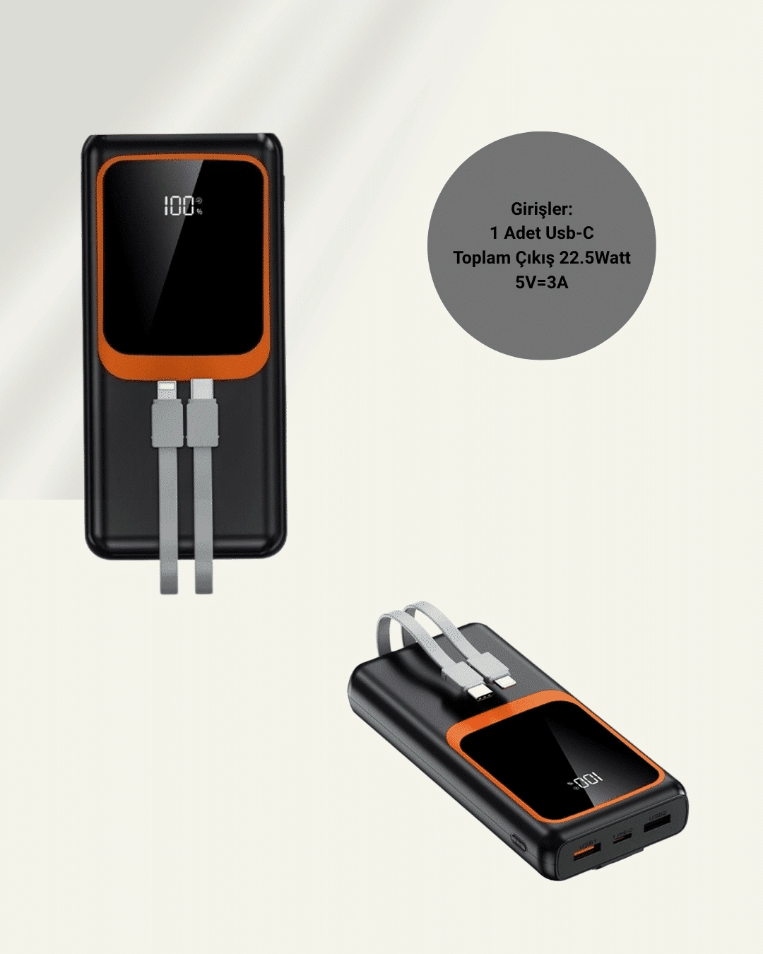 20.000 mAh Powerbank – 22.5W Hızlı Şarj, Çok Kablolu, Dijital Göstergeli