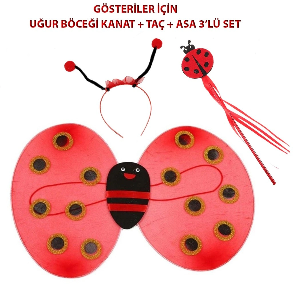 Çocuk Gösteri İçin Uğur Böceği Kanat + Taç + Asa 3 lü Kostüm Seti