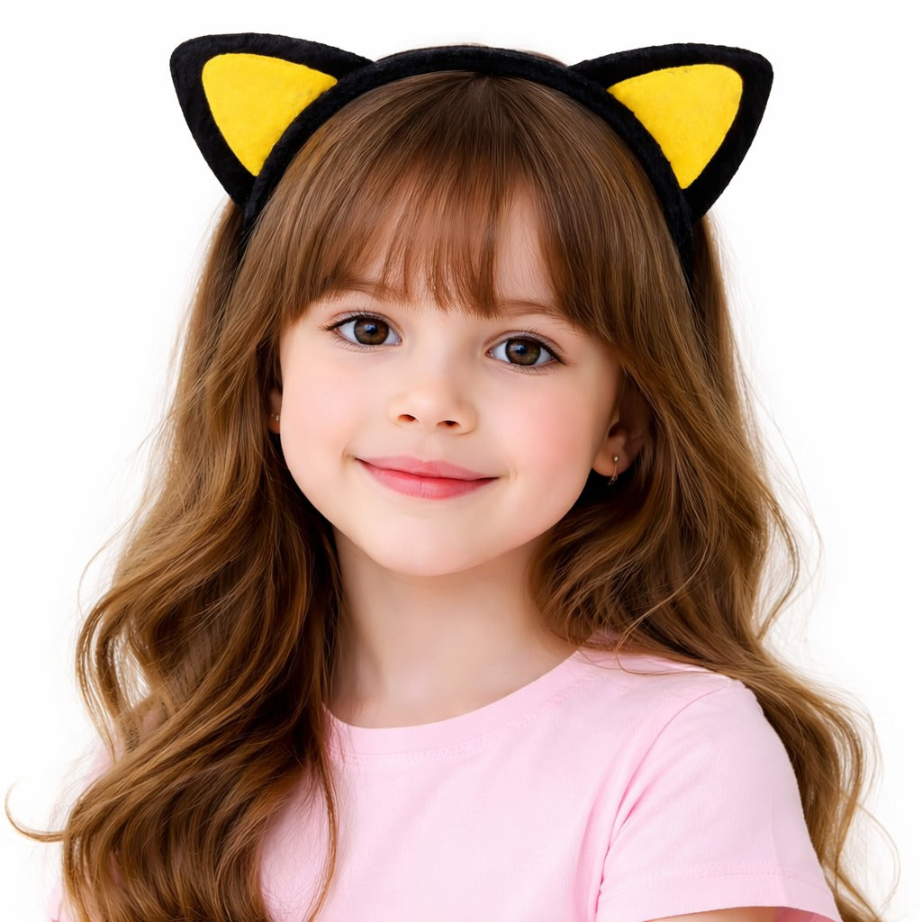 Peluş Kedi Kulak Taç Sarı Siyah – Çocuk Parti Kamp; Kostüm Tacı
