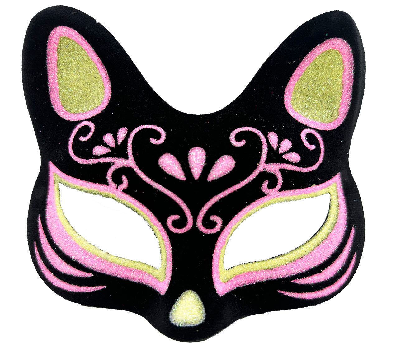 Siyah Renk Süet Kaplama Üzeri Sarı Pembe Simli Kedi Maskesi 17x14 cm (5643)