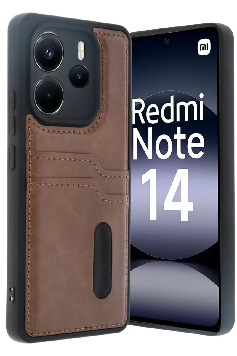 Newface Xiaomi Redmi Note 14 4g Kılıf Sara Kartvizitli Deri Kılıf - Taba