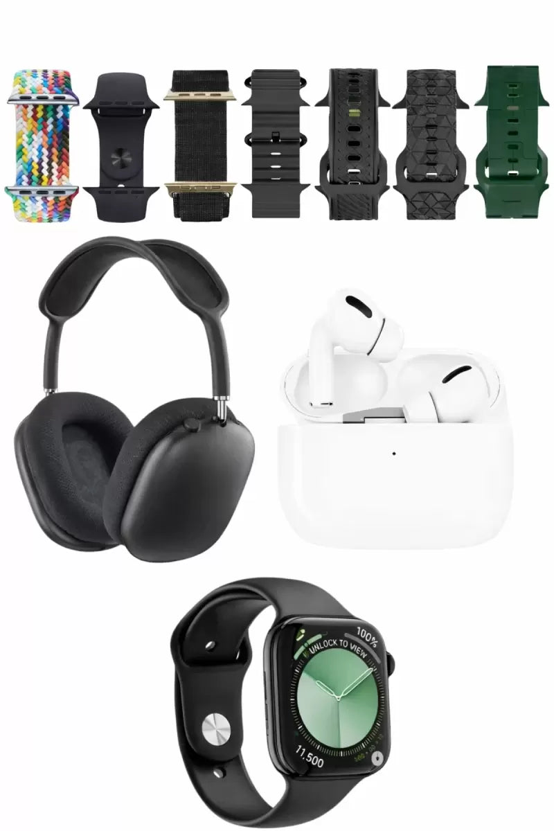 Karler Bass K32 Kombo 7 Adet Kordon Akıllı Saat Airpods Kulaklık Kafa Üstü Kablosuz Kulaklık Set - Siyah