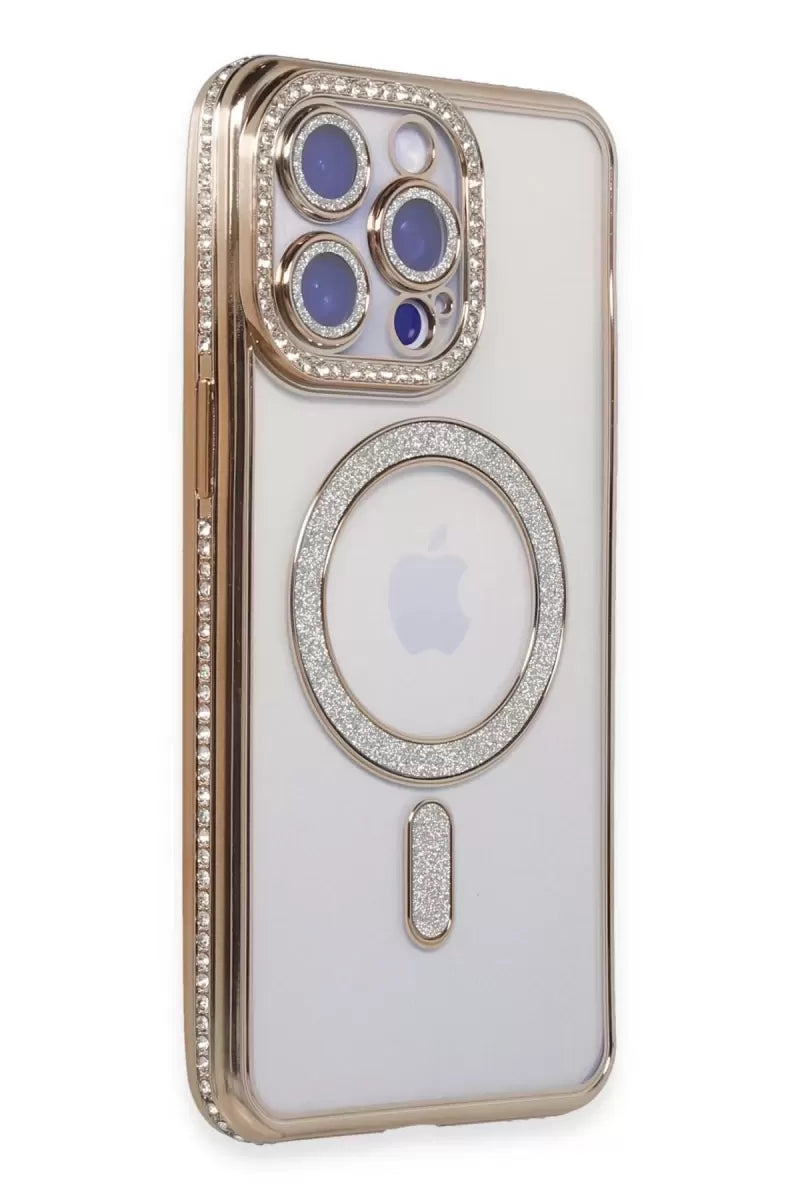 Newface Apple İphone 15 Pro Kılıf Joke Simli Magneticsafe Kılıf - Gold