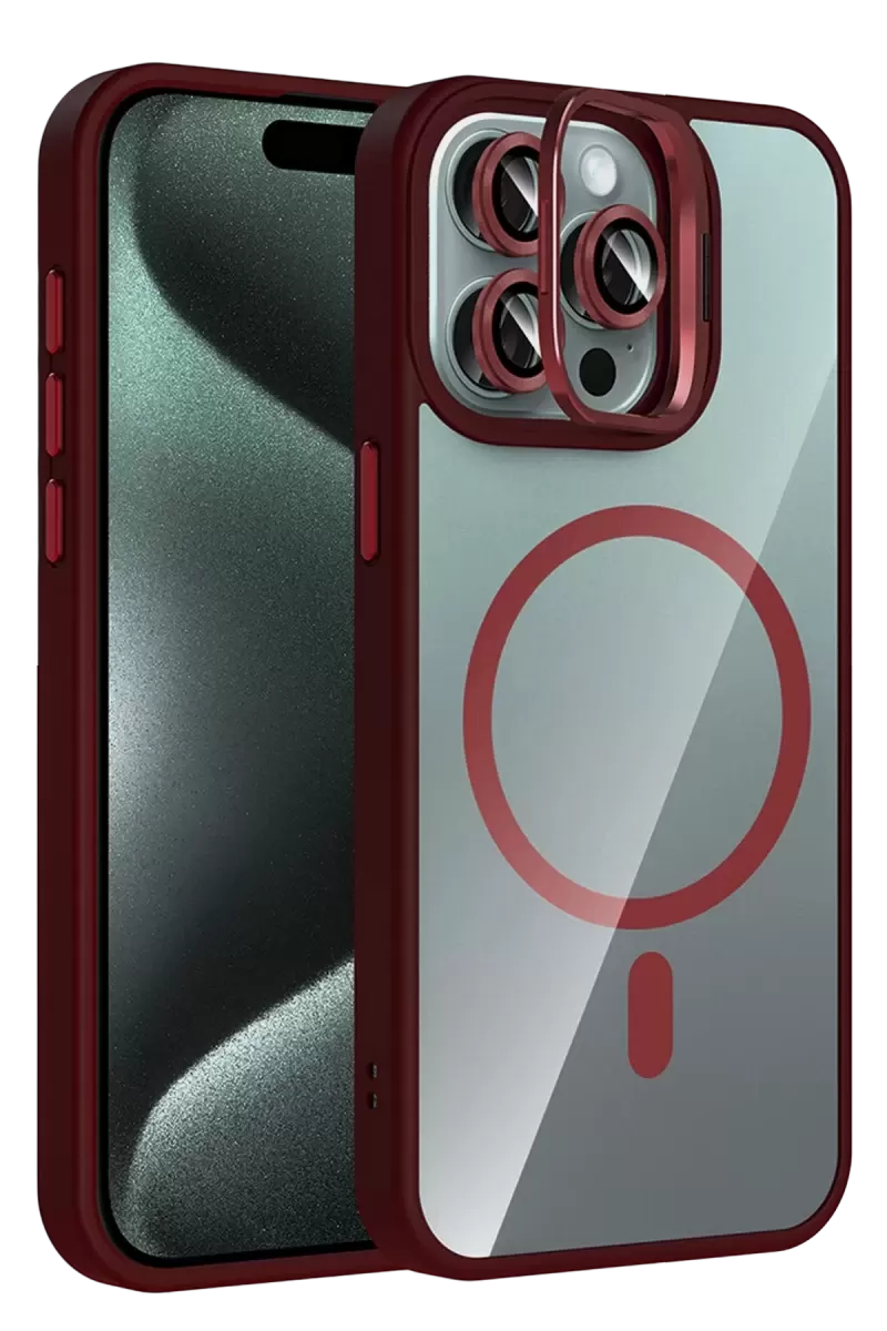 Joko Apple İphone 15 Pro Max Remim Lensli Magsafe Standlı Kapak - Bordo