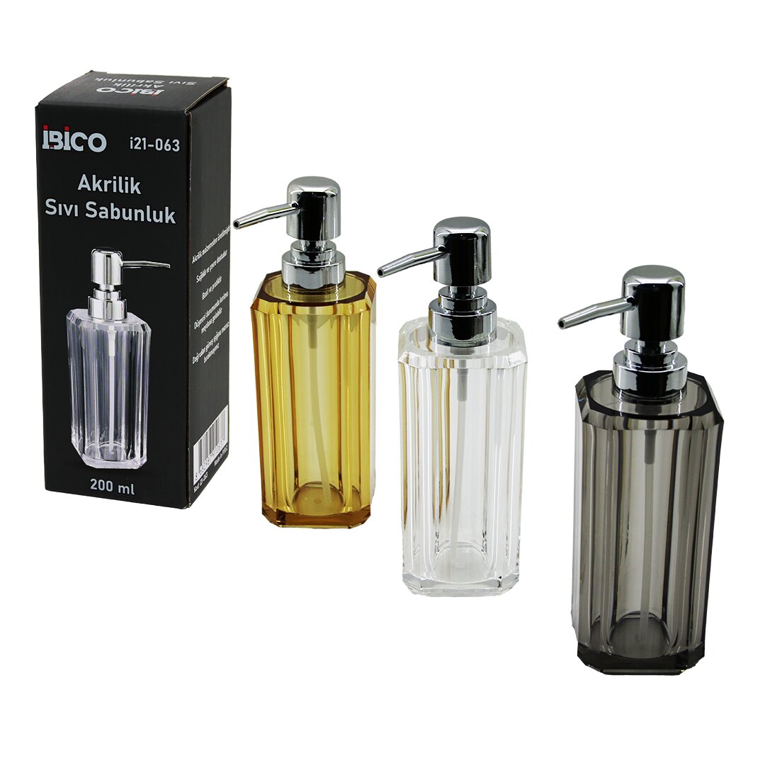 UZUN KARE TABAN -SEKİZGEN GÖVDE ŞEFFAF - RENKLİ AKRİLİK - MİKA KRİSTAL SIVI SABUNLUK 200ML (5643)