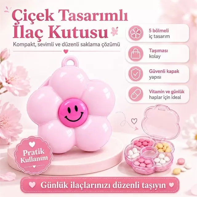 Sunup Sn-38886 Hap Saklama Kutusu 5 Bölmeli Çiçek Tasarımlı Taşınabilir Anahtarlıklı Organizatör