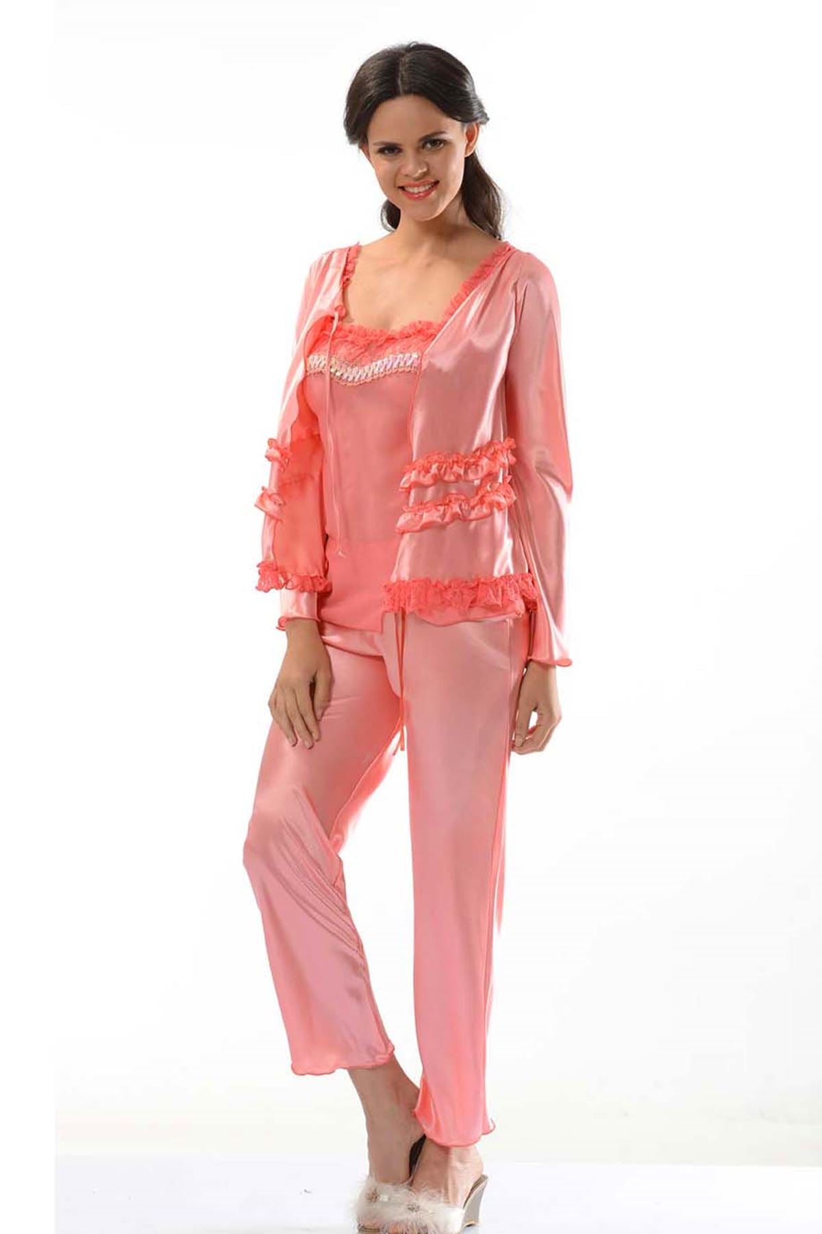 Nar Çiçeği Saten Pijama Takımı - Renkli / S/M