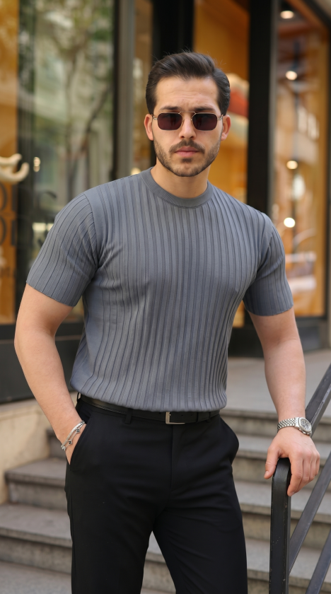 Erkek Fitilli Bisiklet Yaka Kısa Kollu Tişört - Antrasit / 2XL