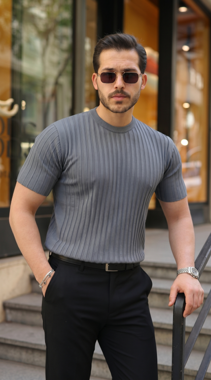 Erkek Fitilli Bisiklet Yaka Kısa Kollu Tişört - Antrasit / 2XL