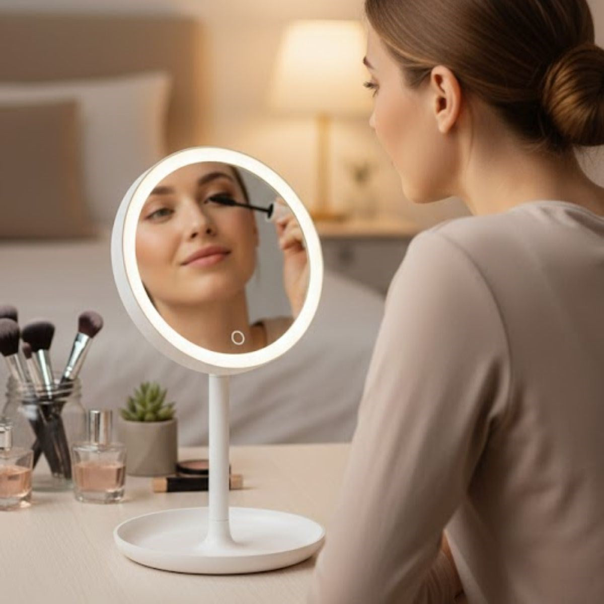 BUFFER® LED Işıklı Yuvarlak Makyaj Aynası – Dokunmatik Ayarlanabilir Işık Tonlu, 360° Döner Masaüstü Profesyonel Makyaj ve Cilt Bakım Aynası