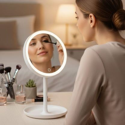 BUFFER® LED Işıklı Yuvarlak Makyaj Aynası – Dokunmatik Ayarlanabilir Işık Tonlu, 360° Döner Masaüstü Profesyonel Makyaj ve Cilt Bakım Aynası