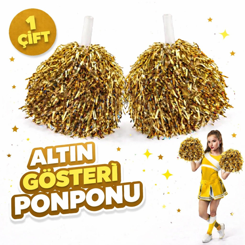 1 Çift (2 Adet) Altın Renk 23 Nisan 19 Mayıs 29 Ekim Okul Gösteri Ponponları Ekstra Dolgun (5643)