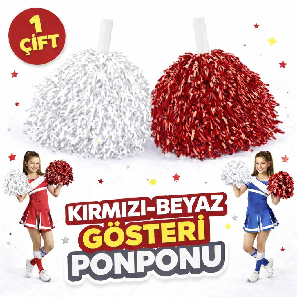 1 Çift (2 Adet) Kırmızı-Beyaz Renk 23 Nisan 19 Mayıs 29 Ekim Okul Gösteri Ponponları Ekstra Dolgun (5643)