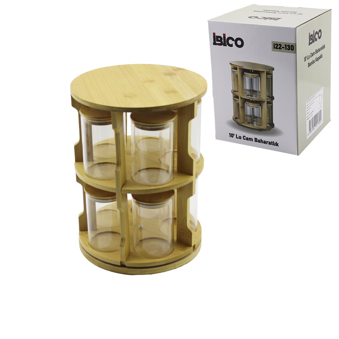 10 Pcs Yuvarlak - Döner Standlı Cam - Bambu Kapak Tuzluk - Baharatlık Bambu Stand