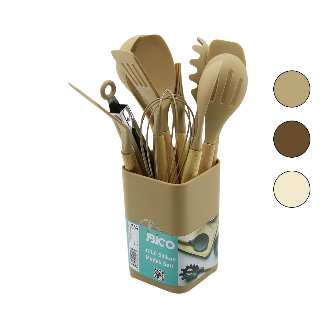 11PCS+KOVA SİLİKON MUTFAK SETİ BAMBU SAP 3-KAŞIK- 3-SPATULA- 1-KEVGİR- 1-KEPÇE- 1-MAŞA- 1-ÇRPC- 1-FRÇ (5643)