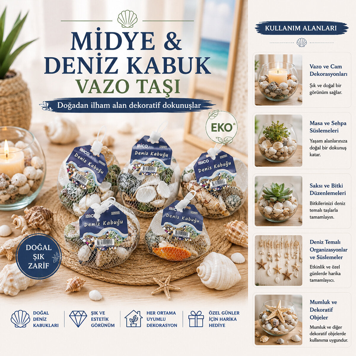 15 Adet Fileli Renkli Mix Eko Midye - Deniz Kabuk Vazo Taşı