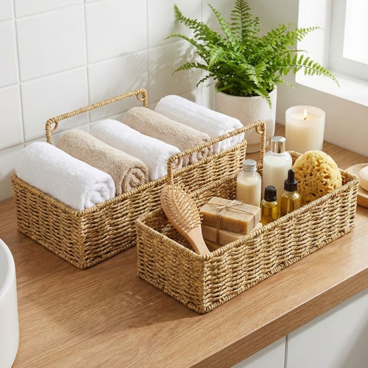 2’li Duvar Askılı Plastik Rattan Organizer – Dikdörtgen Hasır Görünümlü Mutfak Raf Sepeti, Banyo ve Ev İçi Düzenleme Ünitesi (5643)