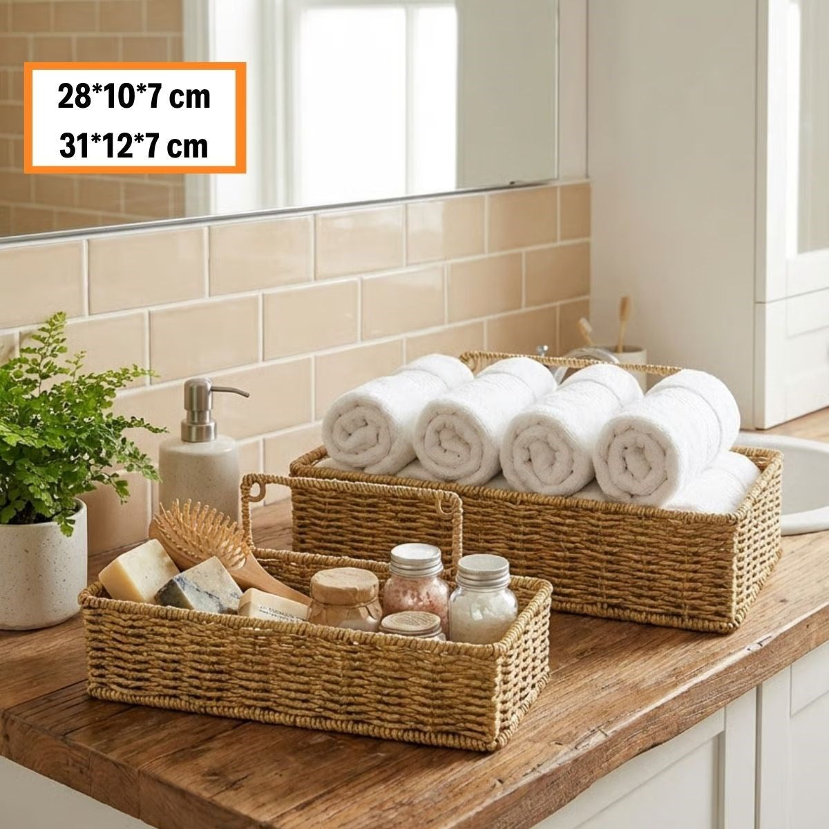 2’li Duvar Askılı Plastik Rattan Organizer – Dikdörtgen Hasır Görünümlü Mutfak Raf Sepeti, Banyo ve Ev İçi Düzenleme Ünitesi (5643)