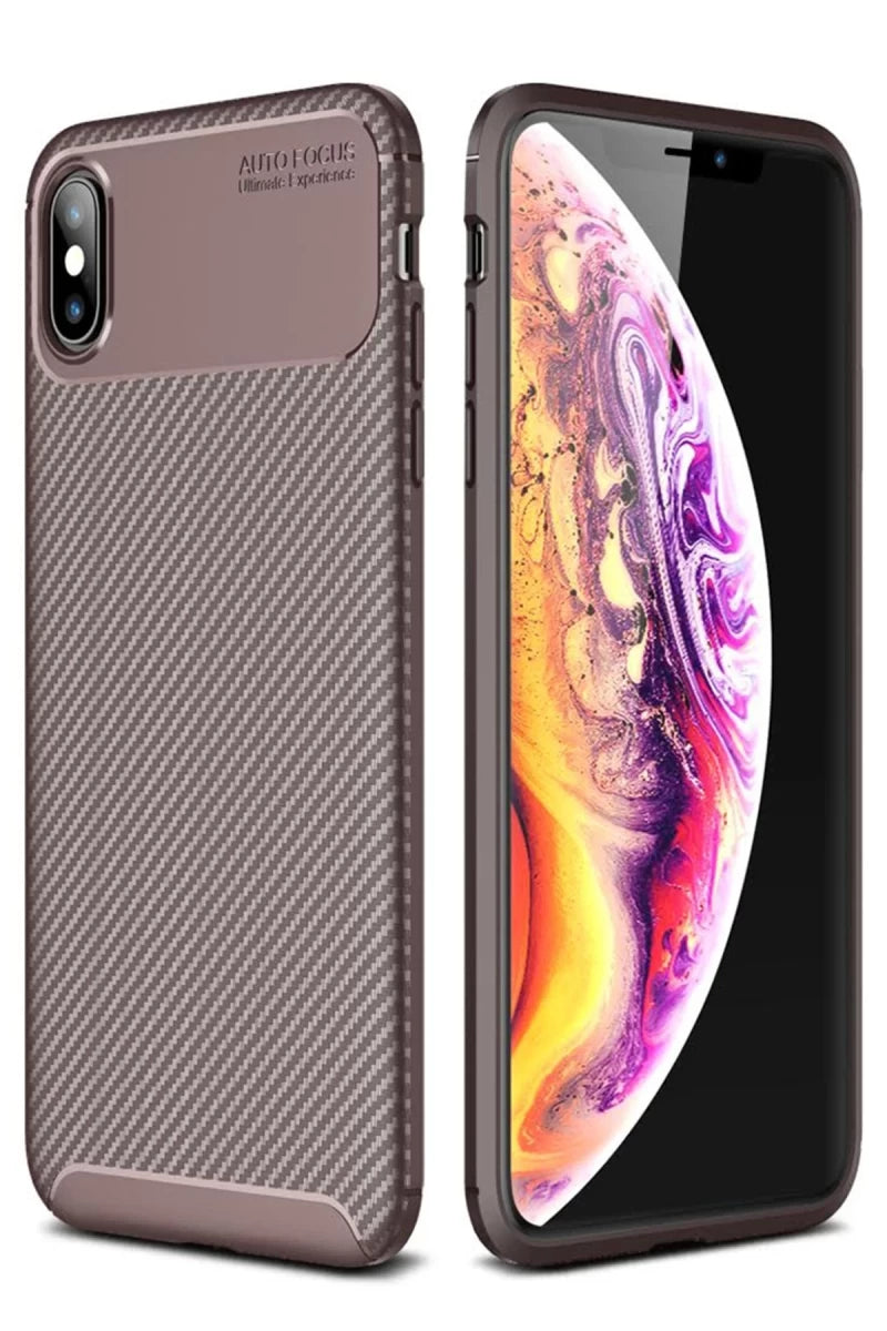Apple iPhone XS Max Kılıf Auto Focus Karbon Kapak - Kahverengi