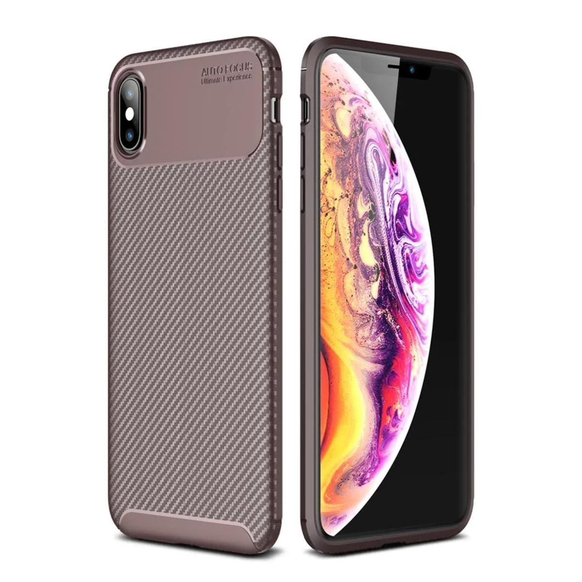 Apple iPhone XS Max Kılıf Auto Focus Karbon Kapak - Kahverengi