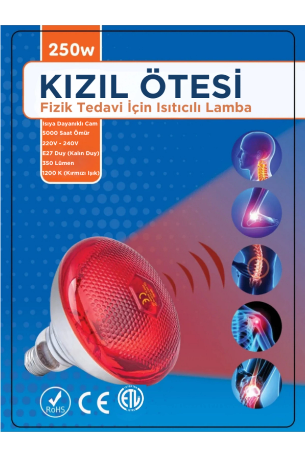 250W Kızılötesi (infrared) Isıtıcılı Fizik Tedavi Lambası (Kırmızı Işık) E27 (Kalın Duy)