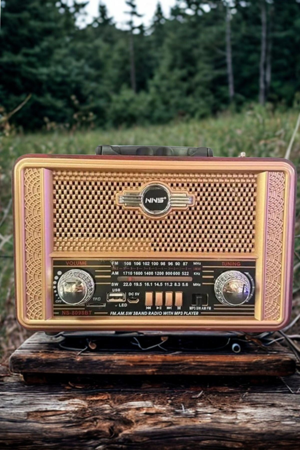 BUFFER® Retro, Nostaljik, Ahşap Tasarım Bluetooth Hoparlörlü, Şarjlı, Taşınabilir Otantik Tasarımlı FM/AM Destekli Radyo NS8098