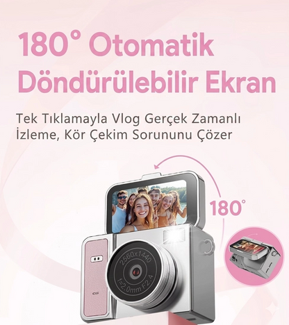 2k Mini Dijital Retro Video Kamera Flaşlı Dijital Vlog Mini Fotoğraf Makinesi Türkçe Menü Pembe