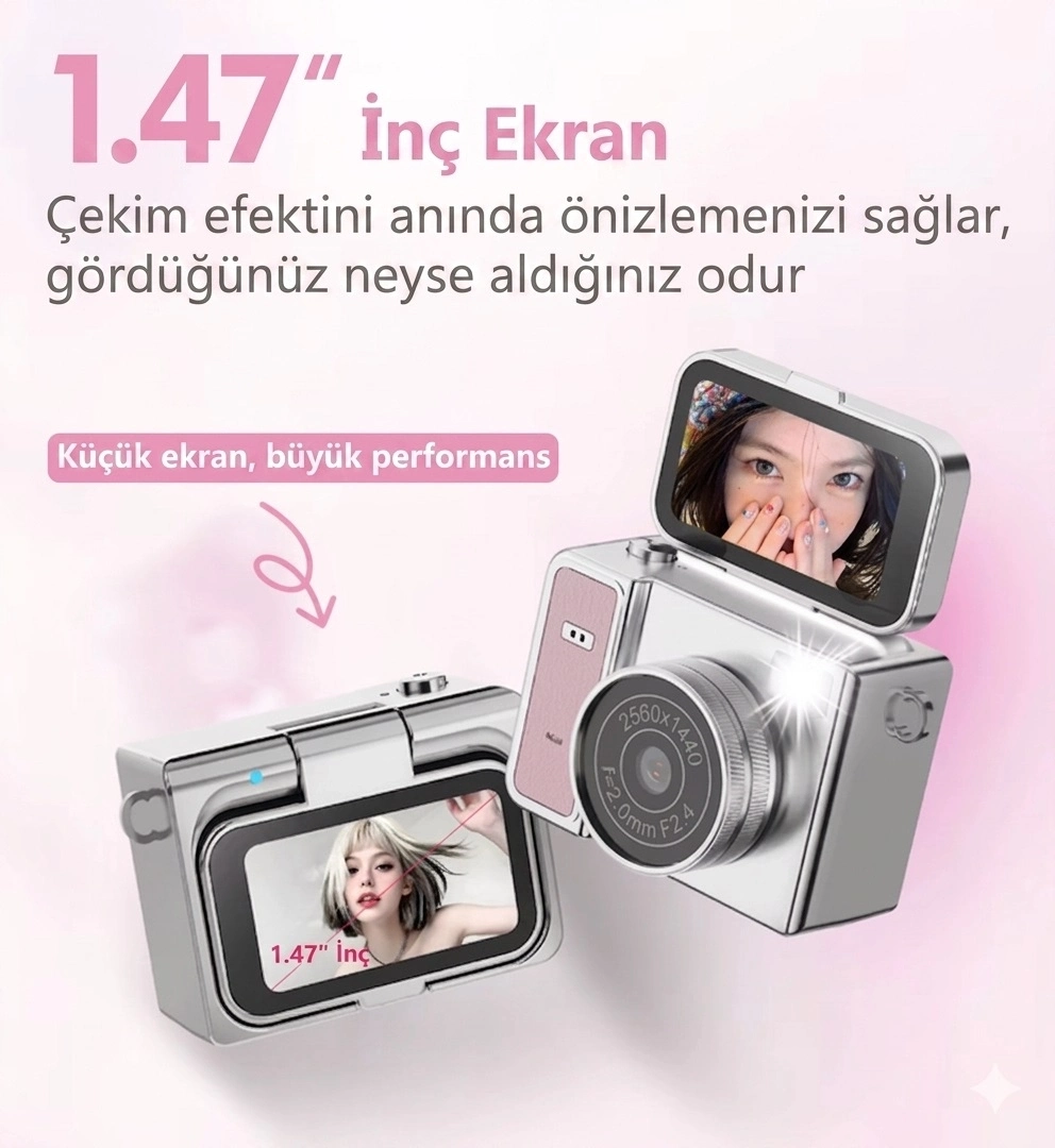 2k Mini Dijital Retro Video Kamera Flaşlı Dijital Vlog Mini Fotoğraf Makinesi Türkçe Menü Pembe