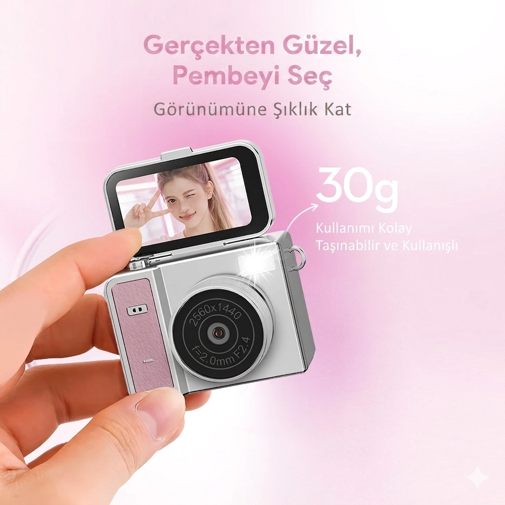 2k Mini Dijital Retro Video Kamera Flaşlı Dijital Vlog Mini Fotoğraf Makinesi Türkçe Menü Pembe