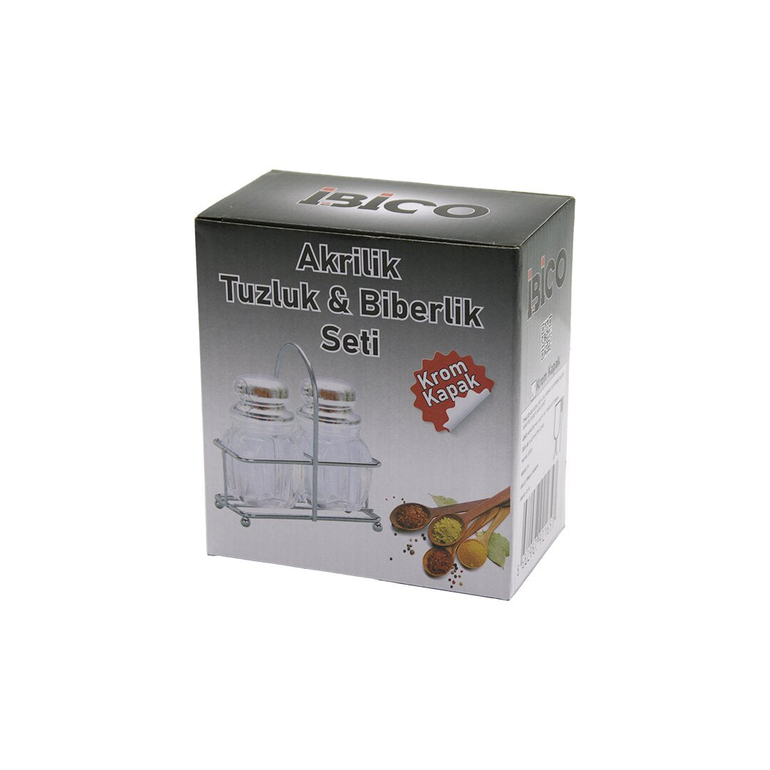 2PCS Krom Kapak Akrilik Tuzluk - Biberlik - Baharatlık Metal Standlı Kare - Köşeli