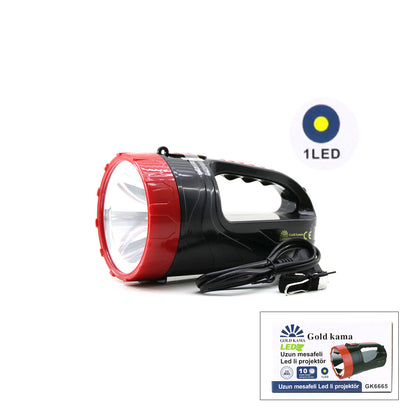2W TEK LEDLİ EL FENERİ PROJEKTÖR FİŞ ŞARJLI 2 KADEME IŞIK AYARI GK-6665 (5643)