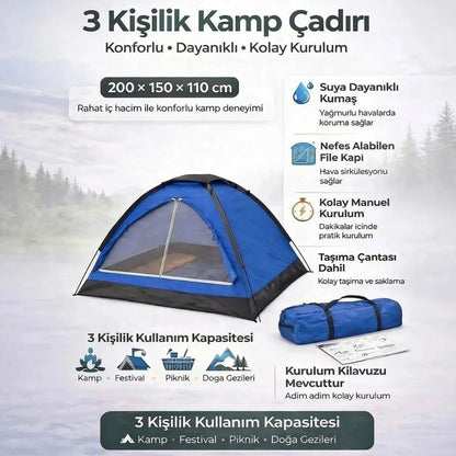 3 Kişilik Manuel Kamp Çadırı – Düz Kapılı Outdoor Aile, Doğa, Piknik ve Kamp Çadırı 200x150x110 cm